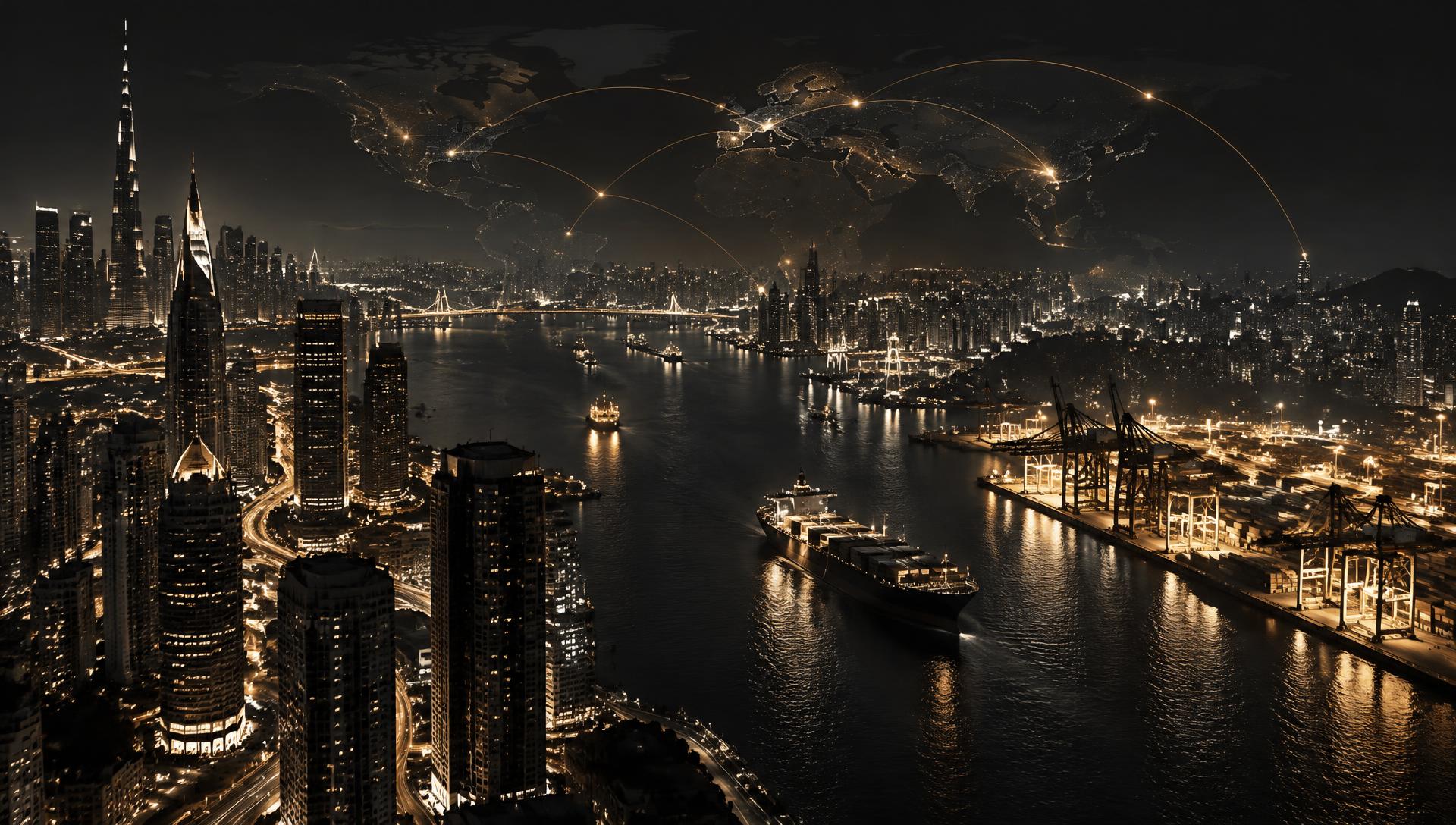 Global city, trade and connectivity network at night